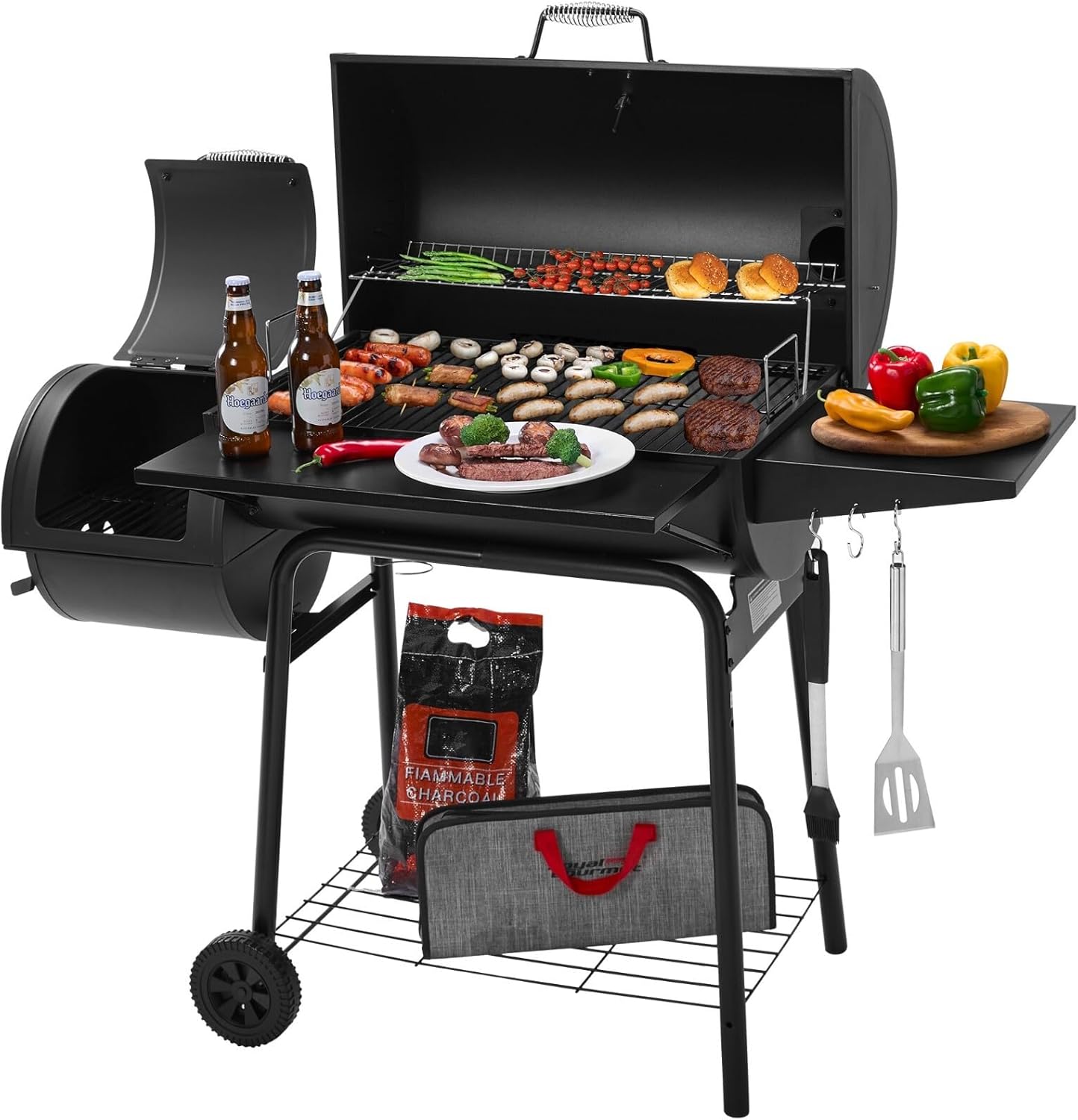 30-Inch Charcoal Grill & Offset Smoker with Fixed Side Table