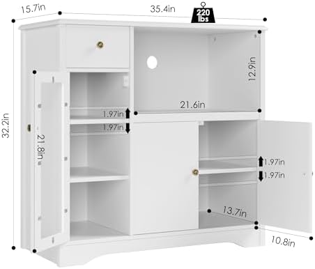 HORSTORS Microwave Cabinet, Kitchen Storage Cabinet with 3 Doors and 1 Drawer, Buffet Sideboard with Adjustable Shelves, Microwave Stand for Kitchen, Dining Room, White