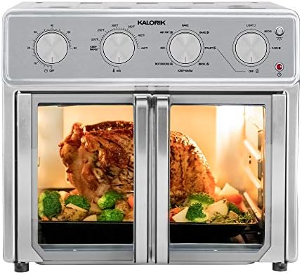 Kalorik MAXX Air Fryer Oven, 26 Quart 9-in-1 Countertop Toaster Oven and Air Fryer Combo - Fry, Bake, Roast, Rotisserie, & More, Large Glass French Doors & 7 Accessories, 1700-Watts, Stainless Steel