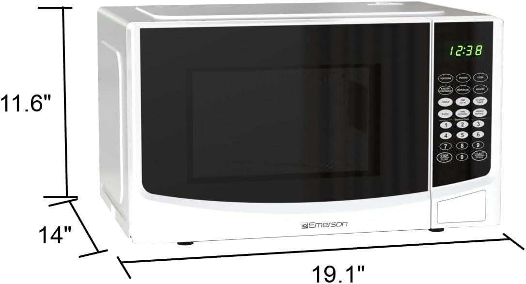 Emerson 0.9 Cu. Ft. Compact Countertop Microwave Oven with Touch Control, LED Display, 900W, 6 Auto Menus with Removable Glass Turntable and Child Safety Lock, MW9255W, White