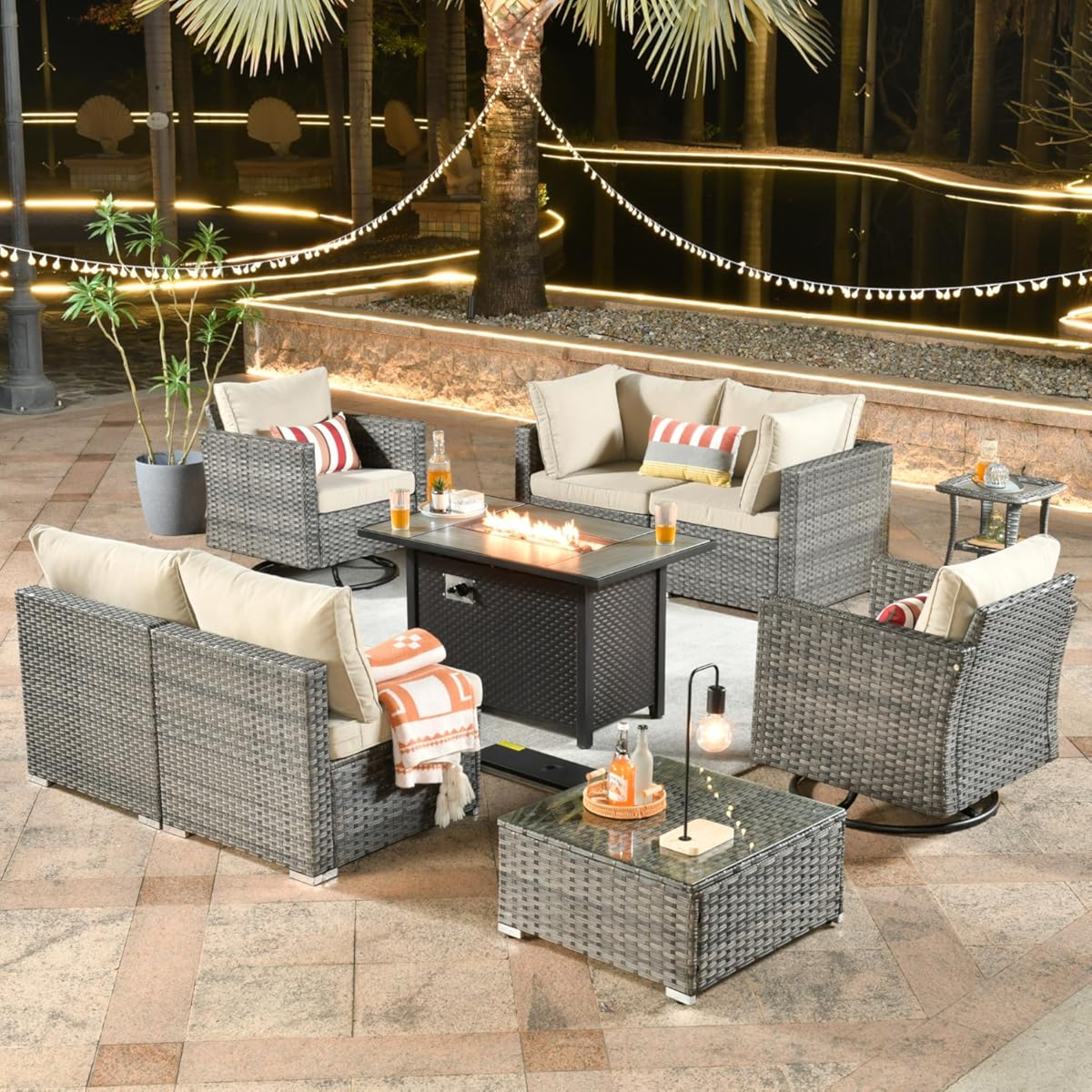 Patio Rattan Furniture Set 9-Piece Outdoor PE Wicker Conversation Couch, Gray Sectional Sofa Couch with Fire Pit, Outdoor Furniture with Rocker Chair