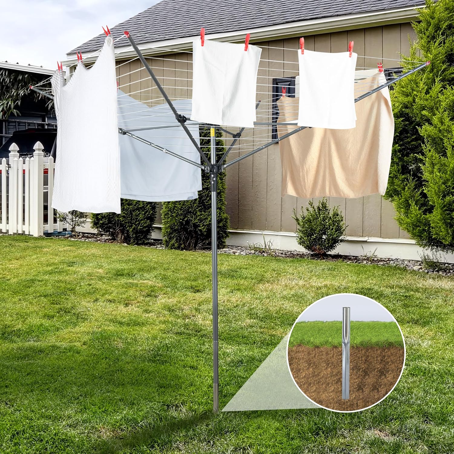 STO STO Umbrella Clothesline Outdoor Drying Rack, 164 Feet Rotary Clothes Drying Rack with Adjustable Height, Folding Laundry Line with Metal Ground Spike for Backyard, Patio, Garden, Heavy Duty