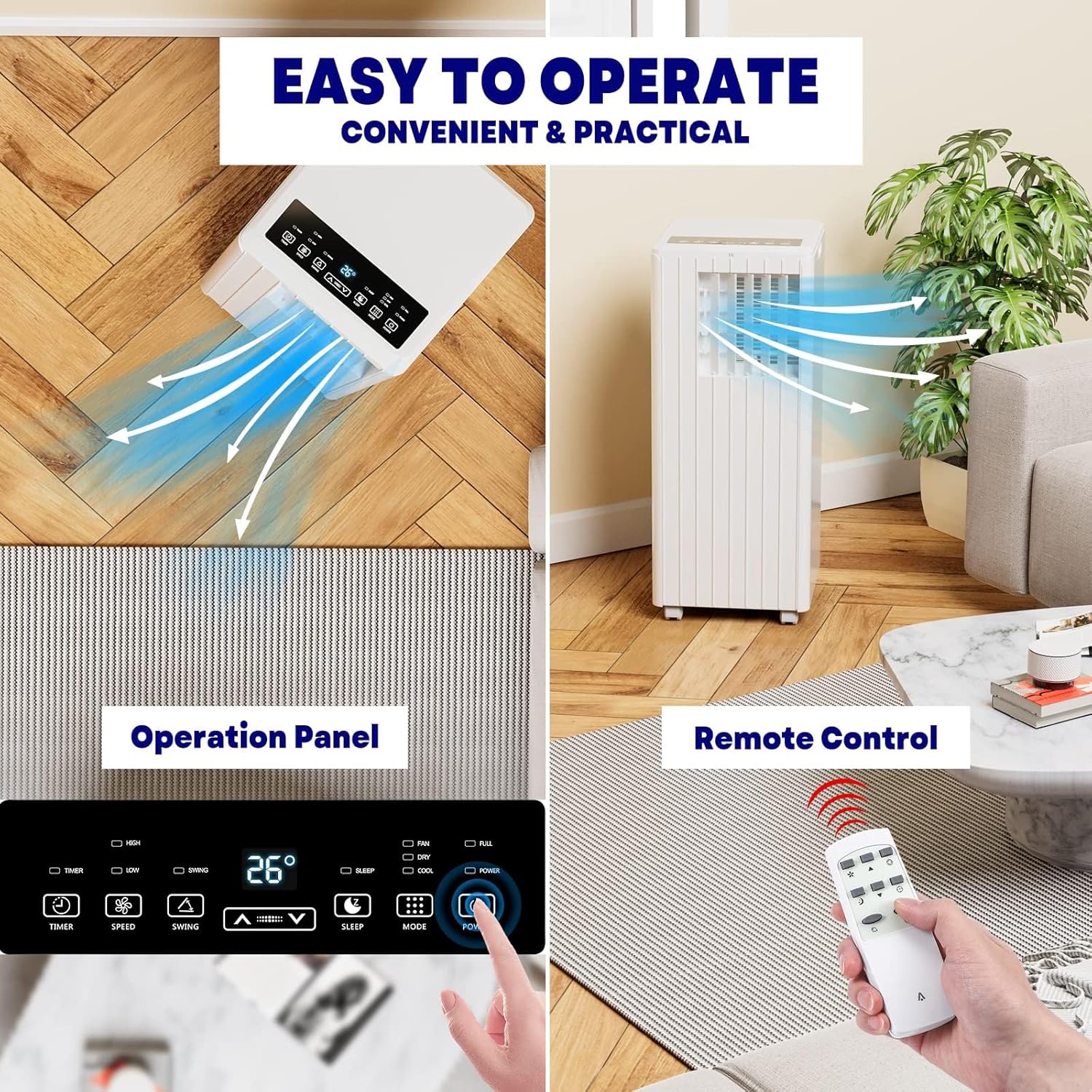 Portable Air Conditioners 8000 BTU, Remote Control AC Unit with 24H Timer, Low Noise & Energy Saving for Rooms Up to 350 Sq.Ft, Dorm, Office, Bedroom, Black & White