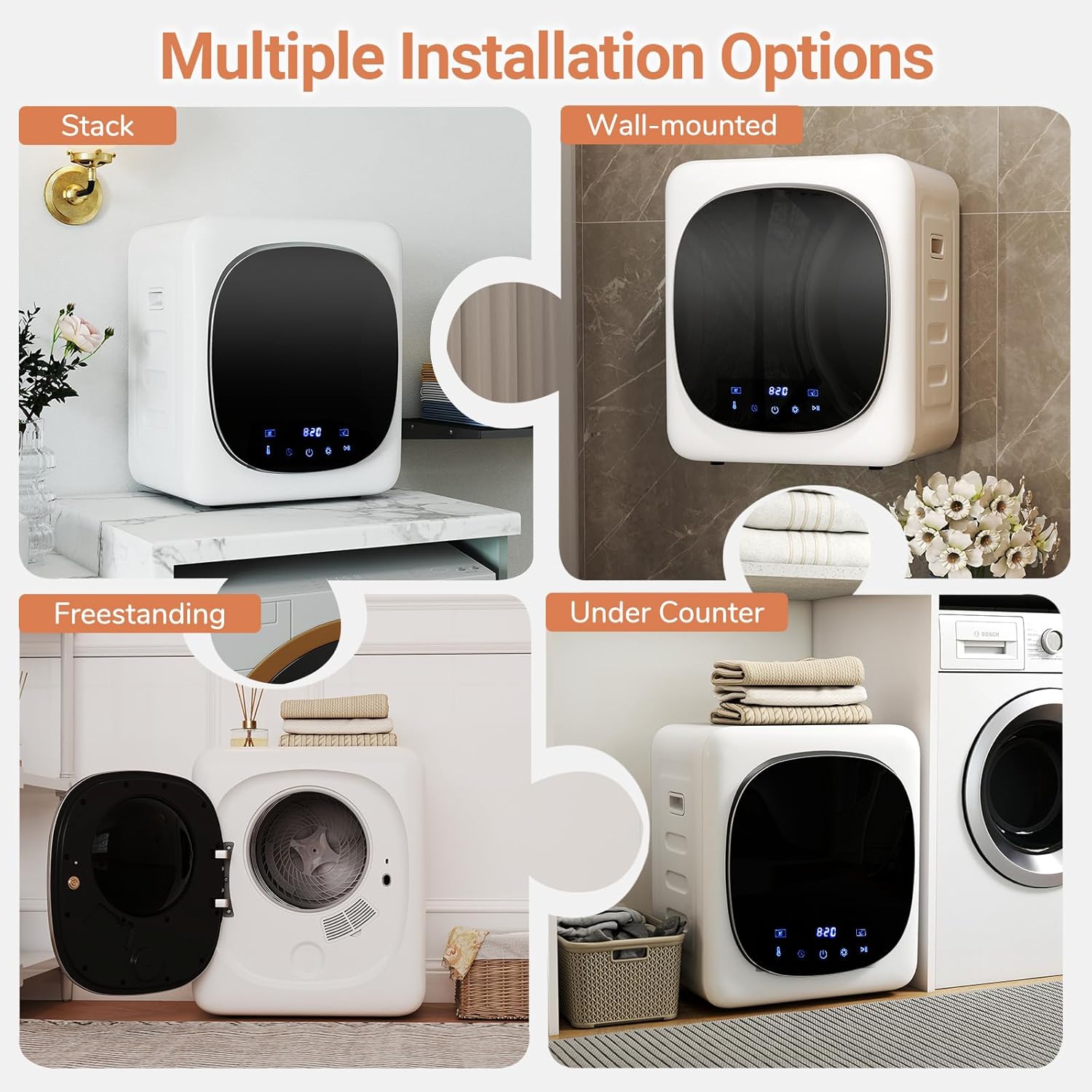 COSTWAY Portable Clothes Dryer, 1.5 cu.ft Compact Drying Machine with Stainless Steel Tub & LED Touch Panel, 800W Electric Laundry Dryer with Intelligent Programs for Apartment, Home, Dorm & RV, White