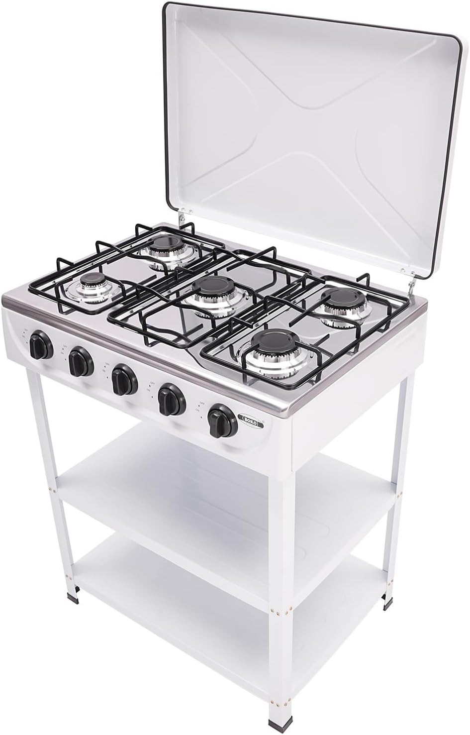 5-Burner Gas Stove Outdoor, Portable Camping Stove with 2-Tier Storage Rack, Natural Gas Grill for BBQ Cooking, Ideal for RV Patio Apartment Backyard Picnic and Outdoor Activities (Sliver)