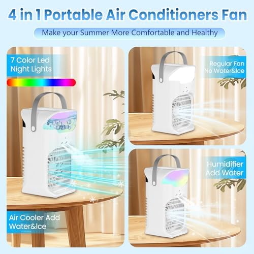 IWENNUAN Portable Air Conditioners, 4 in 1 Portable AC Unit with Remote, 1500ml Water Tank, 3 Speeds, 6H Timer, 2 Spray Mist, 7 Night Light, Personal Mini Air Conditioner for Bedroom, Black