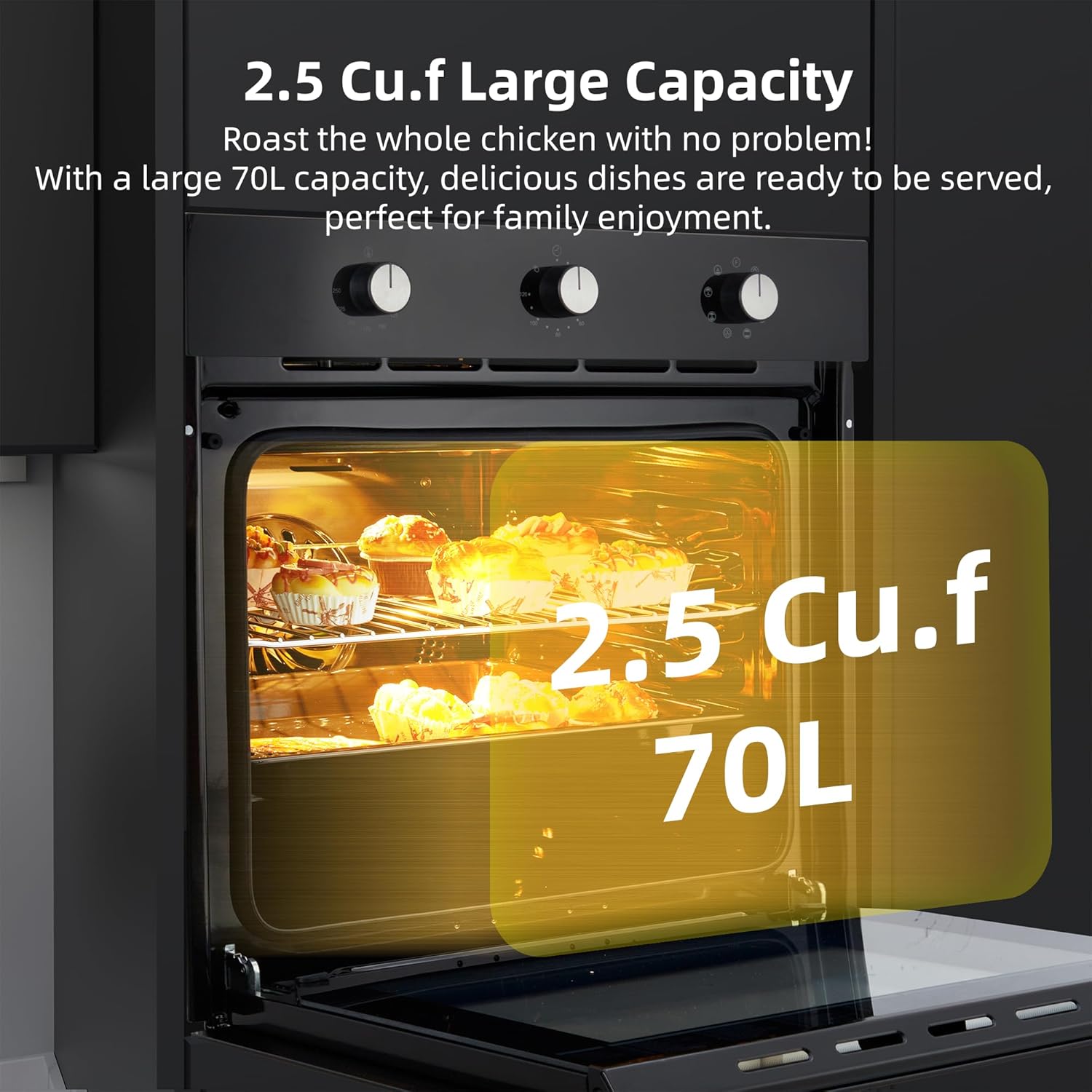 Zstar 24 Inch Single Wall Oven, 240V 3000W Built-in Electric Wall Oven with Mechanical Knobs Control, 2.5 Cu.ft Capacity, Large View Winow, Black