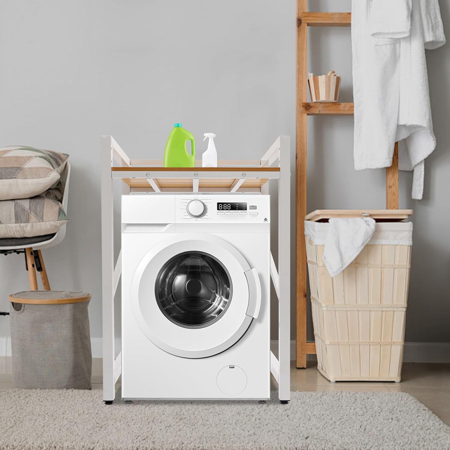 Washer Dryer Stacking Rack Stand, 3-level Height Adjustable Washer & Dryer Storage Shelf with Top Guardrail, 661.39 lbs Capacity Heavy Duty Washing Machine Shelf for Laundry Rooms (White + Yellow)