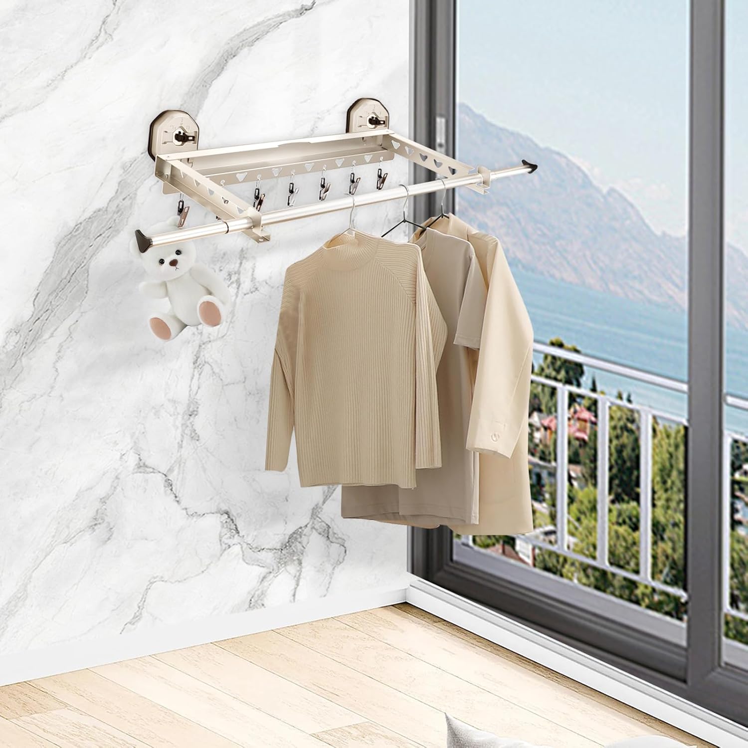 Extendable Clothing Dryer Rack, Invisible Folding Storage, Wall Mounted Drying Rack, Strong Suction Power, for Bed Linen, Clothing, Foldable Bathroom Wall Shelf (Milky White)