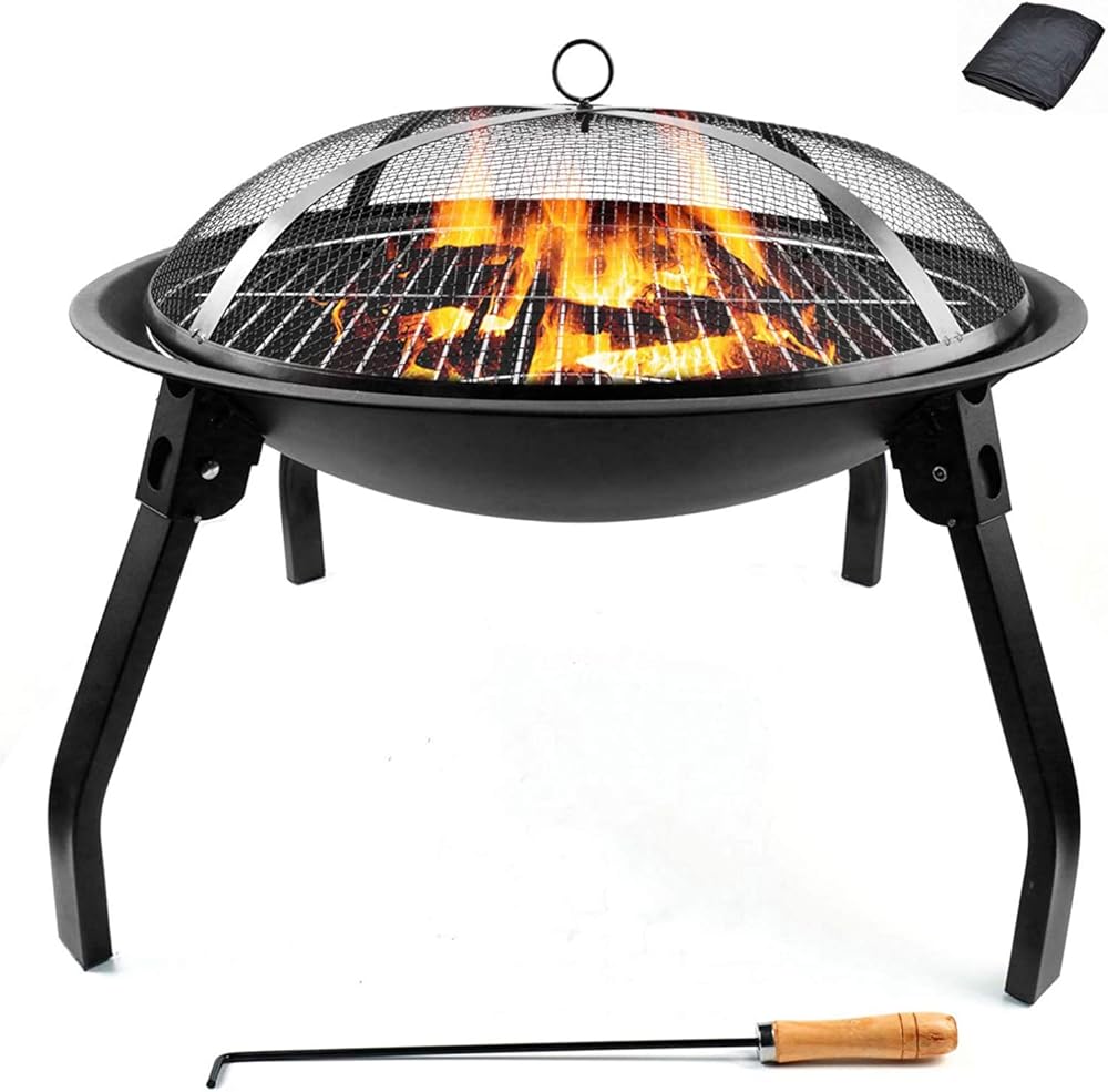 ItzZa Foldable Round Fire Bowl, with Firepalce Poker Waterproof Cover 22 Inch Patio Firepit, Outdoor Camping Fire Pits