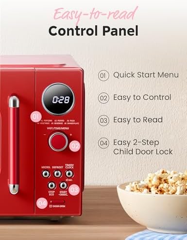 COMFEE' Retro Microwave Oven, Small Microwave with 6 Auto Menus, 0.9 cu.ft Countertop Compact Microwave with Multi-stage Cooking, Mute Function, LED digital, Red/900W, CMO-MMP02AA(RD)