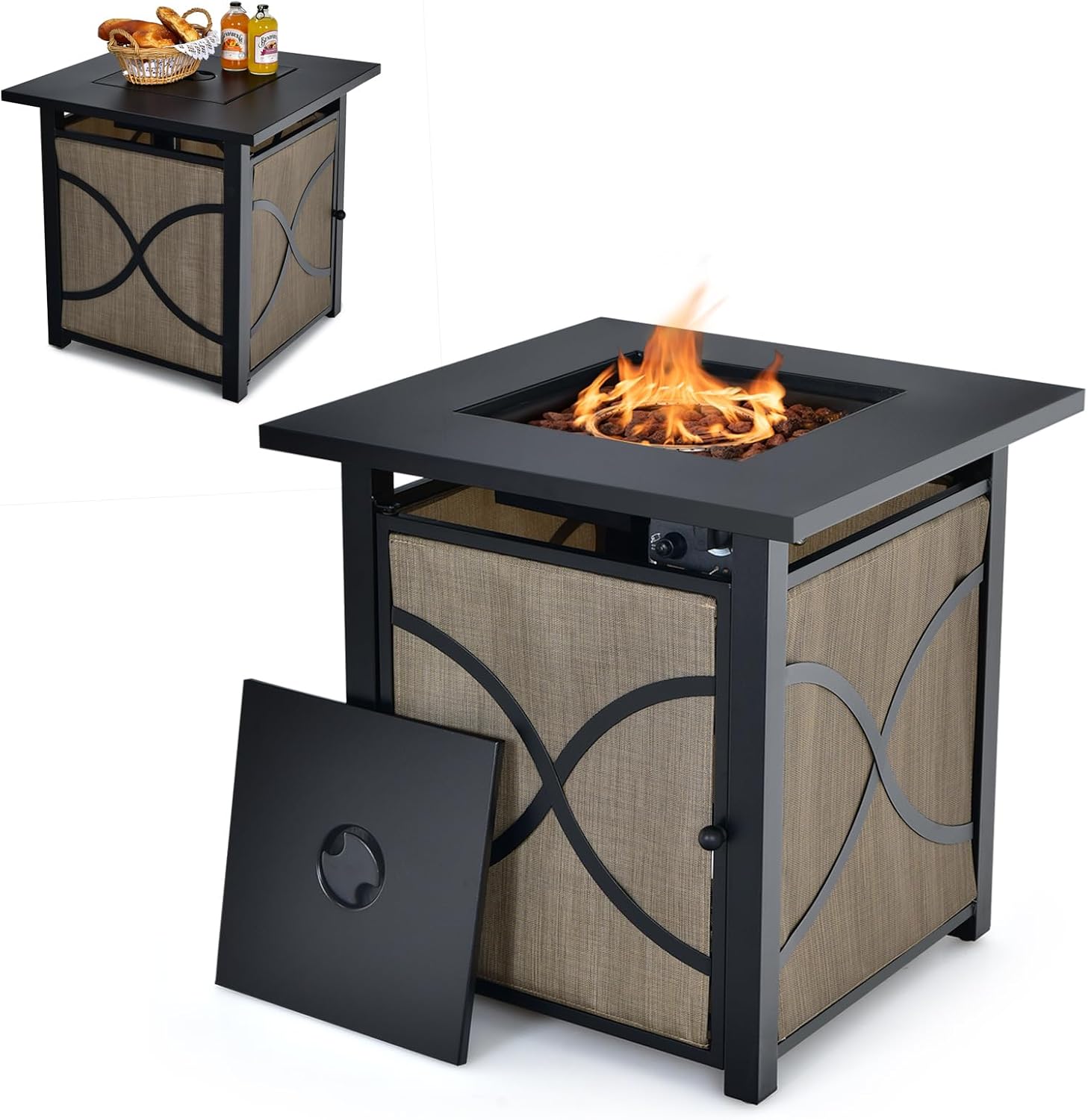 S AFSTAR Outdoor Fire Table, 40,000 BTU Square 25” Fire Pit Table w/Lid, Glass Stones, 2-in-1 Auto-Ignition Propane Tank Gas Fire Table Coffee Table for Outside Patio Porch Yard (25