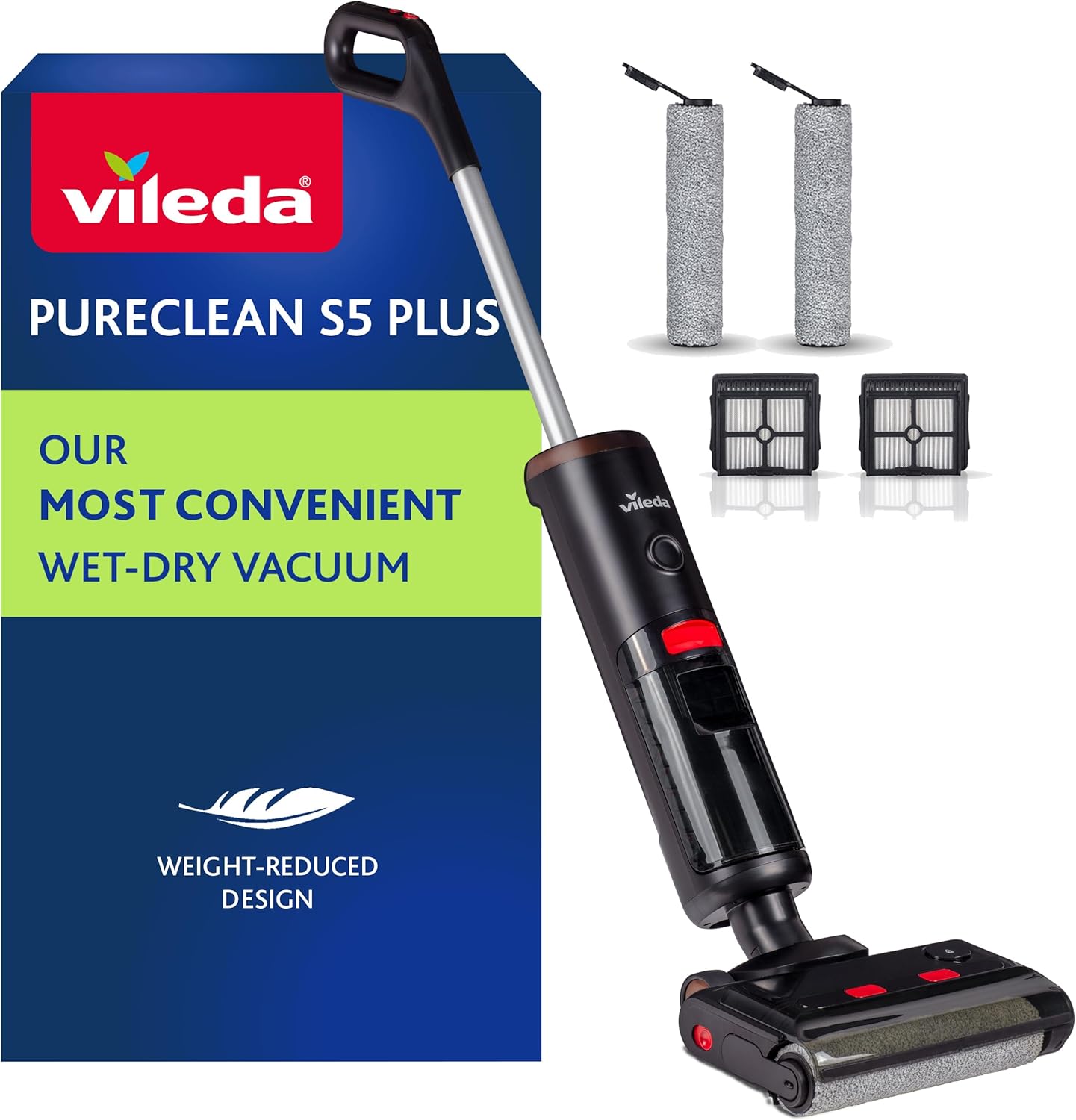 Vileda PureClean S5 Plus | Smart Cordless Wet and Dry Vacuum Cleaner | Lightweight for Easy Operation | With Double Tank for 100% Separation of Dirt and Clean Water | Self-Cleaning Function