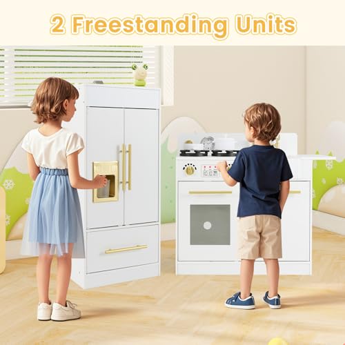 INFANS Play Kitchen Set, Kids Children Pretend Toy Kitchen 2-Piece Playset with Refrigerator, Oven, Microwave, Ice Maker, Sink with Faucet, Kitchenware Accessories for Girls Boys Ages 3+