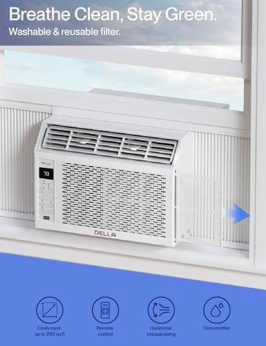 DELLA 6000 BTU Energy Saving Window Air Conditioner, Cools Up to 250 Sq. Ft, Work with Alexa, GEO Location, AC Unit with WIFI Smart Controls, Remote, Dehumidifier, Fan, Reusable Filter, Easy Install