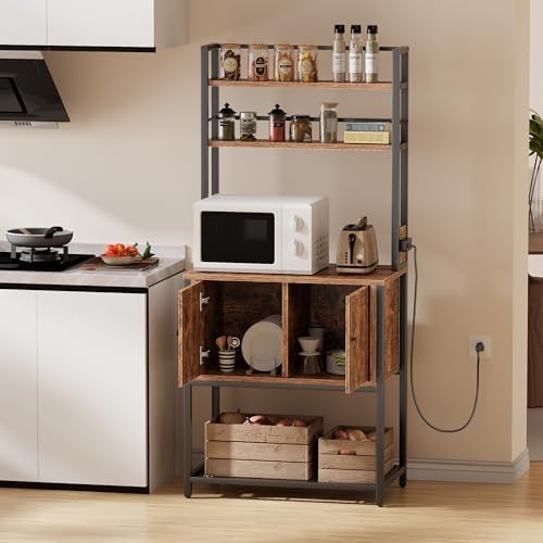 Bakers Rack with Power Outlet, Microwave Oven Stand with Storage，4 Tiers, Coffee Bar Table, Kitchen Storage Shelf Rack for Spices, Pots, Kitchen Dining Room, Rustic Brown