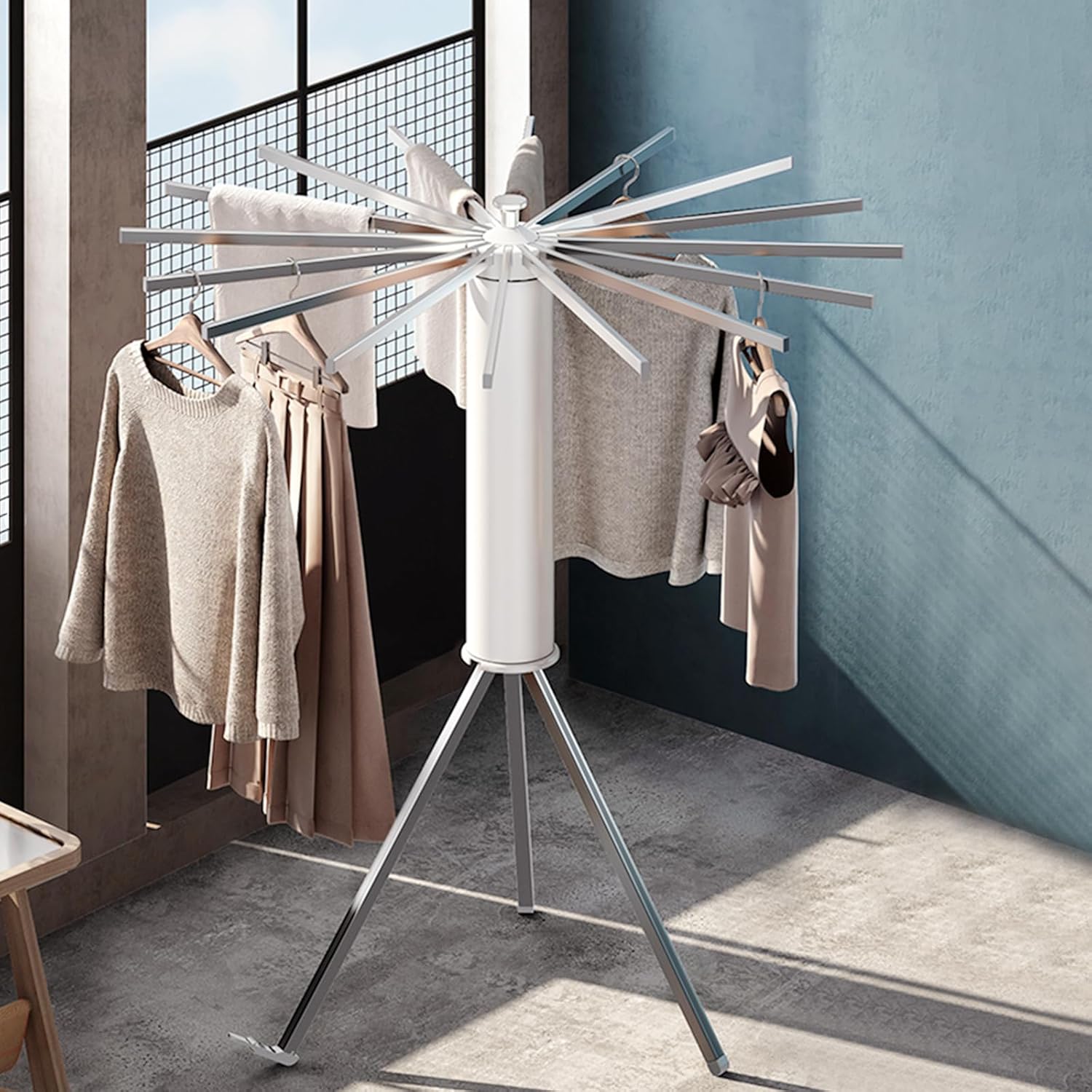 Ergocar Tripod Clothes Drying Rack, Foldable Space Saving Laundry Drying Rack, Portable Free Installation Drying Rack, Sturdy Clothes Airer for Balcony Bedroom Household