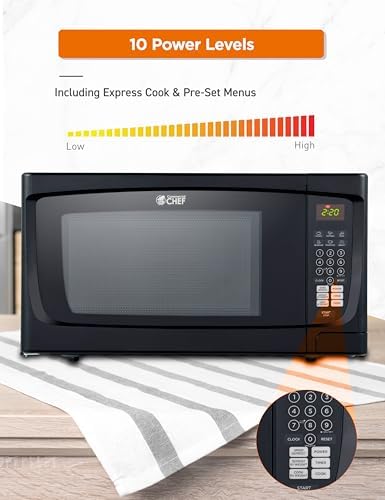 COMMERCIAL CHEF 1.6 Cubic Foot Microwave with 10 Power Levels, Small Microwave with Push Button, 1000 Watt Microwave with Digital Control Panels, Countertop Microwave with Timer, Black