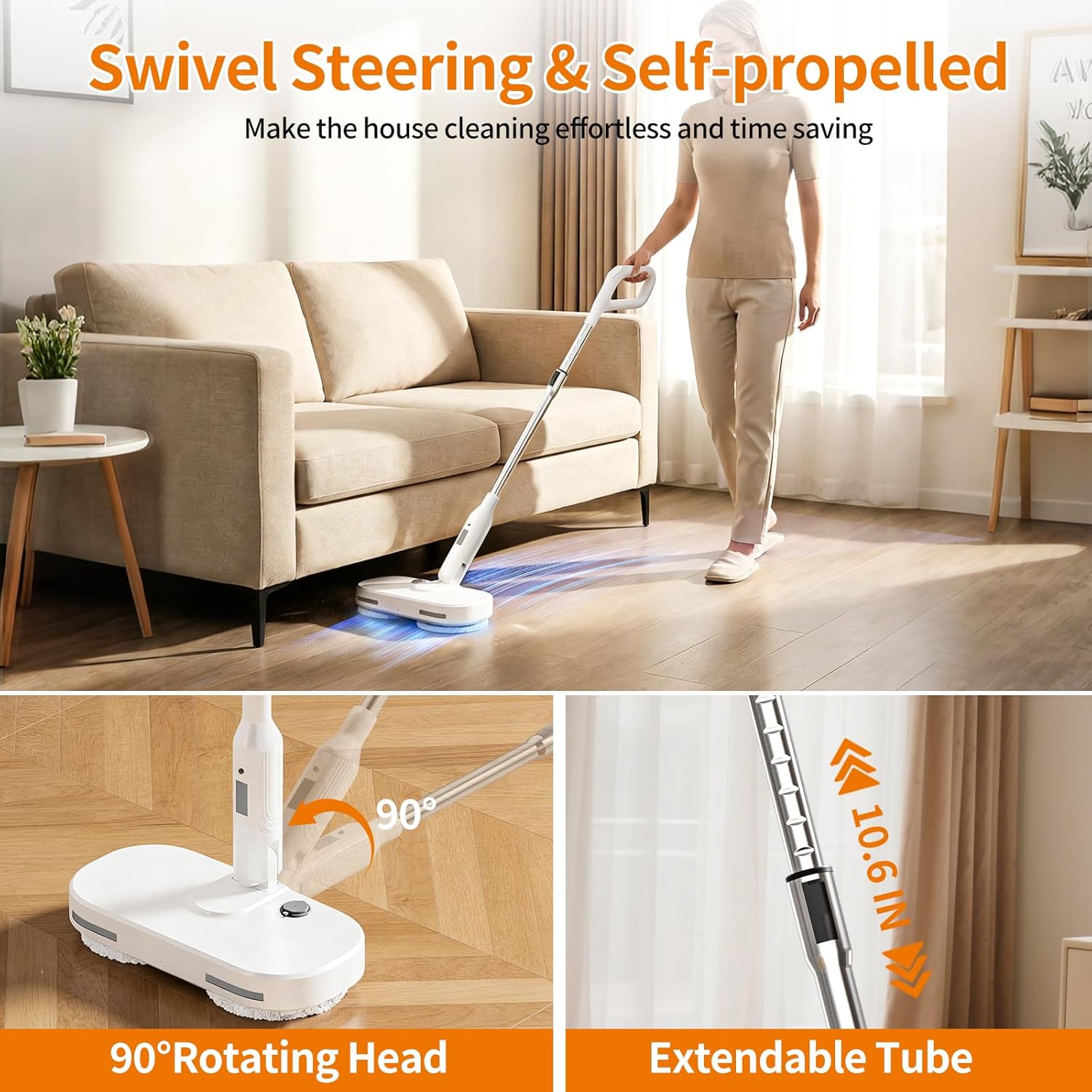 Adjustable Cordless Electric Spin Mop with self-propelled water sprayer/8000mAh Battery/LED Headlight,self-propelled design with 6 Washable mop Pads for Hardwood, Tile Floors, Quiet Cleaning/Waxing