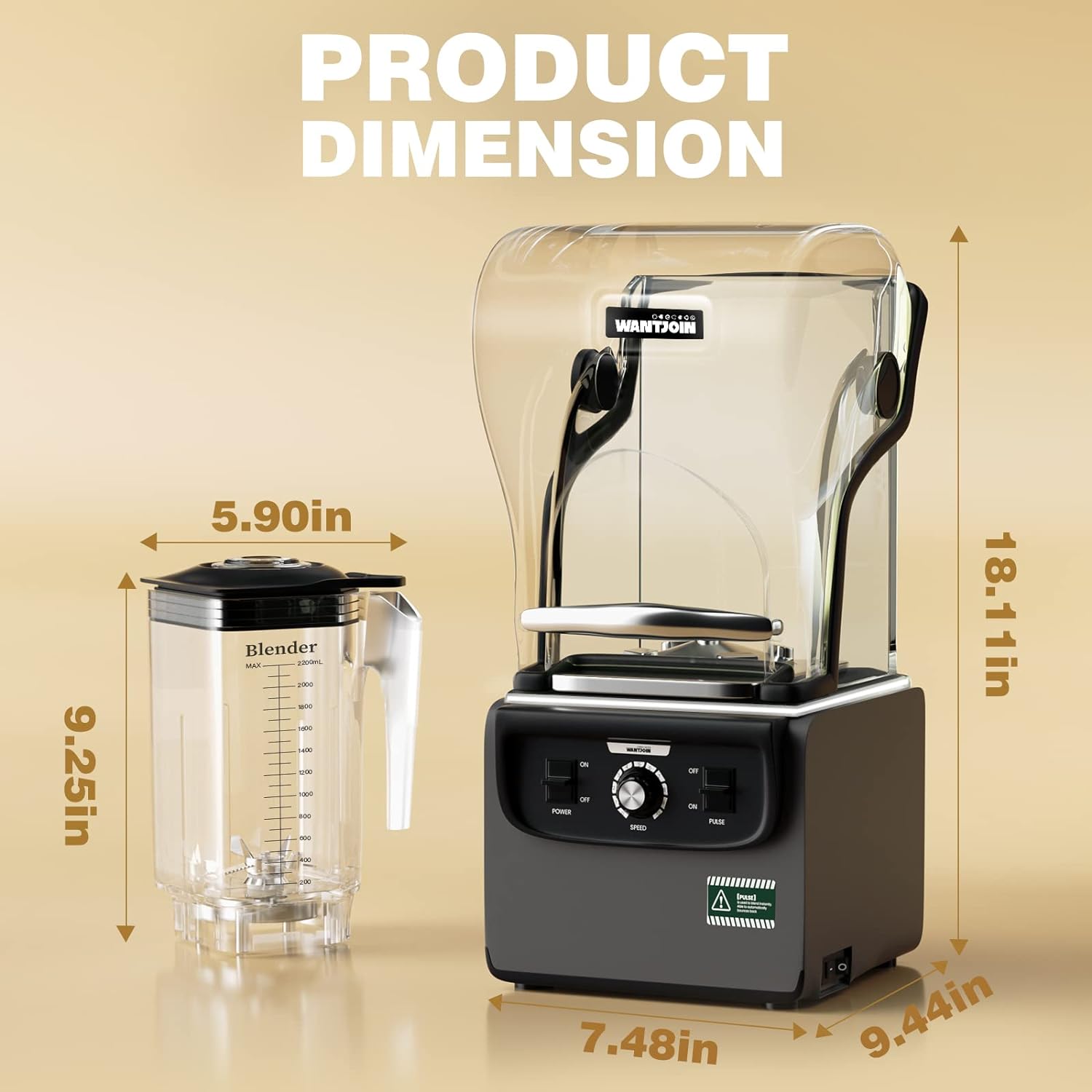 Wantjoin Commercial Quiet Blender for Kitchen, Smoothie Protein Shake Licuadora, Countertop Professional Electric Food Machine for Puree, Milkshake, Juice, Drink and Ice with Silent Cover 2200ml 1800W