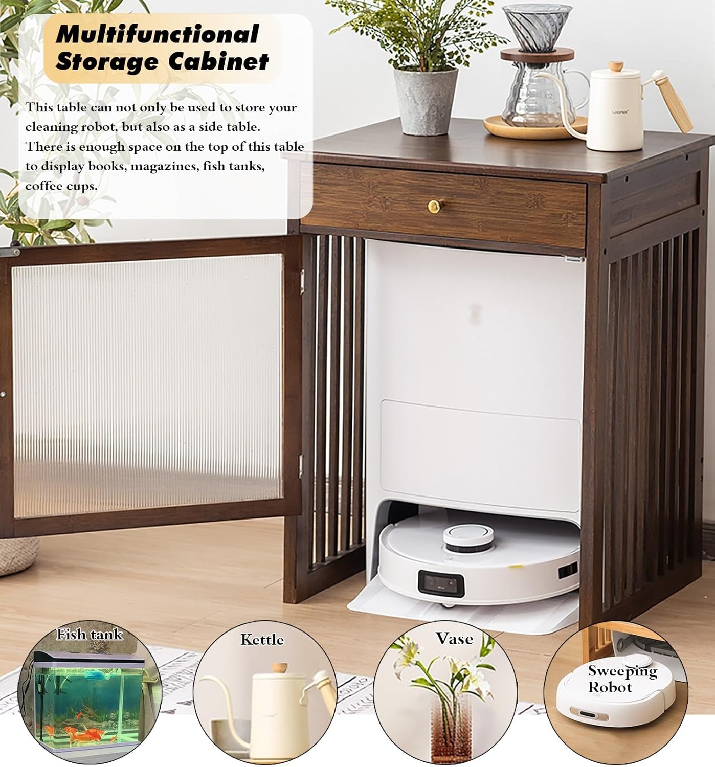 Modern Hiding Robot Vacuum Cabinet with Doors, Sweeping Robot Storage Rack for 10 Gal Fish Tank/Printer, Heavy Duty Waterproof Bedroom Bedside Table - Small Spaces(Natural,55.5x46x73.5 (21.8x18.1x29i