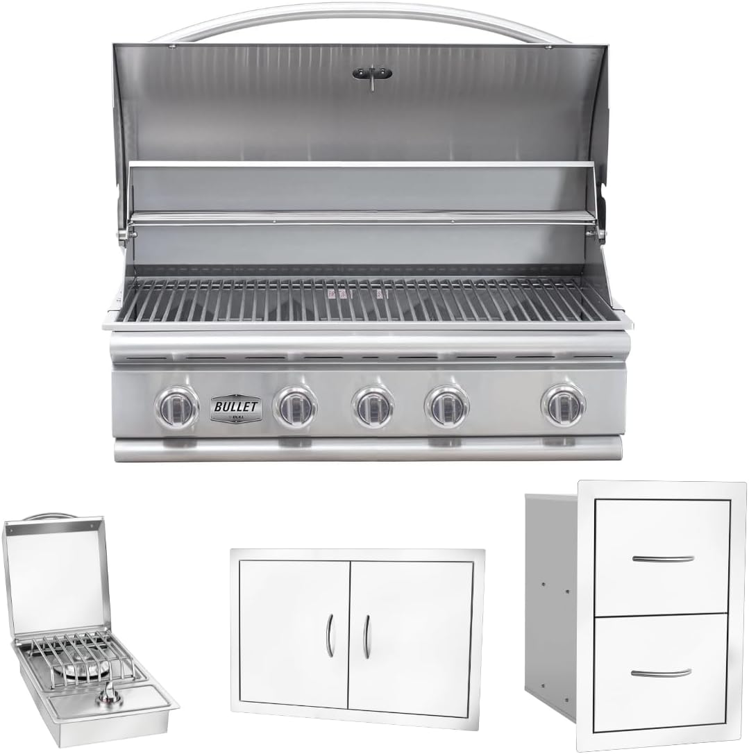 Bullet by Bull Stainless Steel Outdoor Kitchen Grill Set - Built-In Liquid Propane Grill -BBQ Kitchen Island Bundle - Includes 5 Burner Grill, Side Burner, Double Access Door & Double Storage Drawer