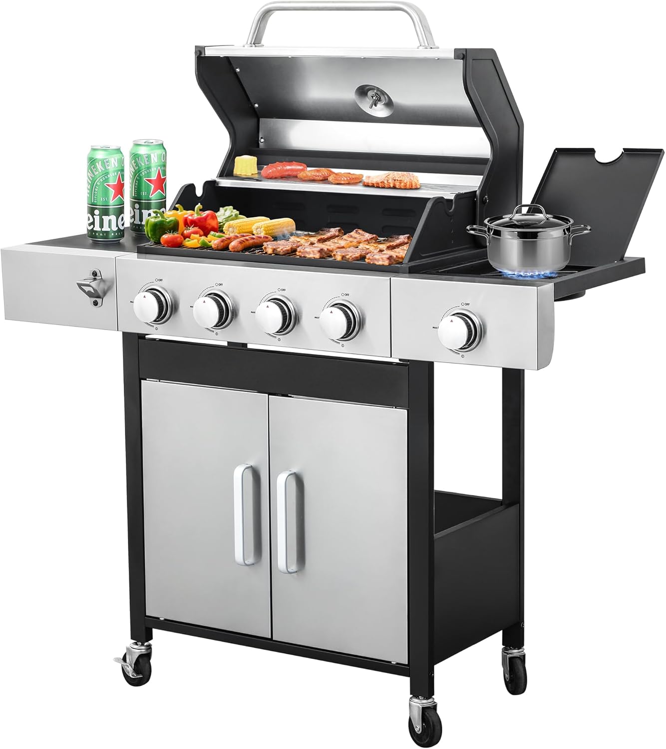 4-Burner Propane Gas BBQ Grill with Side Burner,46790BTU Stainless Steel Propane Grill With Wire Enamel Cooking Grids, Foldable Side Table, Portable with Wheels for Patio, Camping, Outdoor Barbecue