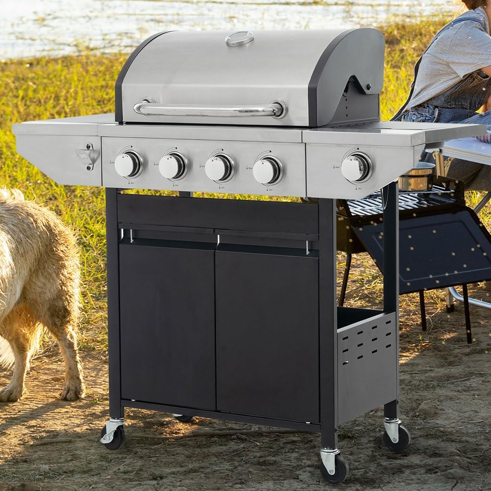 4-Burner Propane Gas Grill with Covered Side Burner, 46,700 BTU — Porcelain-Enameled Cast-Iron Grates, 457 sq.in Cook Area, Full-Size Pull-Out Grease Tray & Cabinet Storage — Stainless Steel Burners