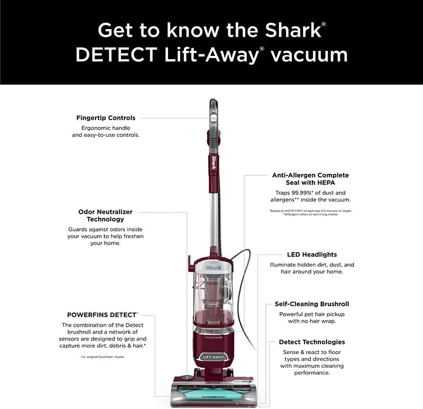 Shark Detect Lift-Away Upright Vacuum with PowerFins Detect Corded Self-Cleaning Brushroll for No Hair Wrap, Anti-Allergen Complete Seal, and Odor Neutralizer Technology (Renewed) (QU491QRD-Burgundy)