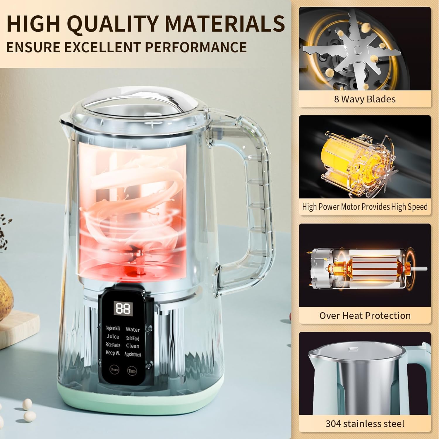 HANC Automatic 8-in-1 Nut Milk Maker Machine, 28oz Quiet Operation Soy Milk Maker, Homemade Almond, Coconut, Juice & Soup, Delay Start/Keep Warm/Self-Cleaning/Boil Water (Cyan)