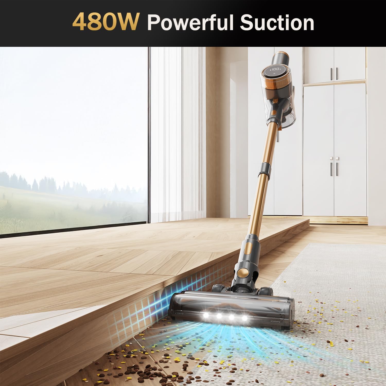 Cordless Vacuum Cleaner, 10-in-1 Lightweight Stick Vacuum with 45mins Runtime, Powerful Suction, LED Touch Screen, Rechargeable Vacuum Cleaners for Home Hardwood Floor Carpet Pet Hair (Gold)