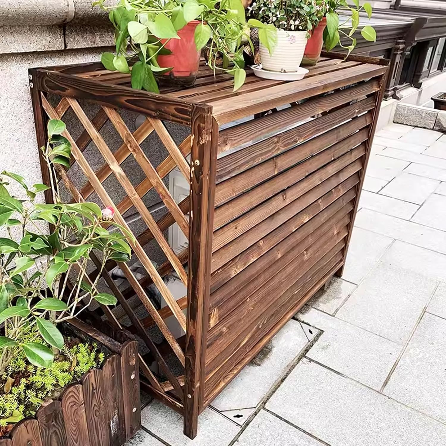 Air Conditioner Cover Condenser Wood Panel Covers For Outside Air Conditioner Louvered Cover For Air Conditioner Unit Outside, Suitable Outdoor Air Conditioner ( Color : Carbonized color , Size : 105*