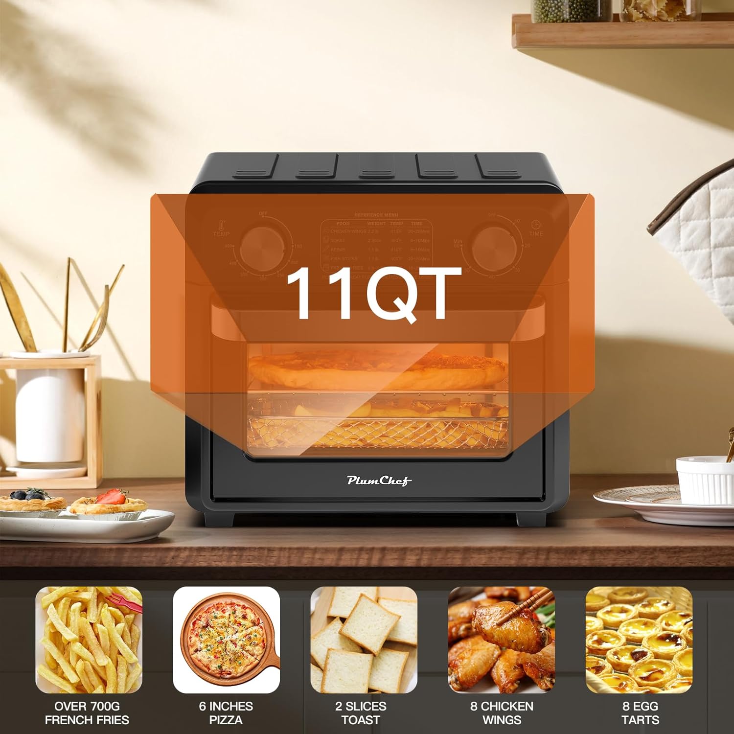 11QT Compact 2-Slice Air Fryer Toaster Oven, 1500W Convection Countertop Oven with Reference Menus, Adjustable Time & Temperature, Ideal for Singles & Couples, Black