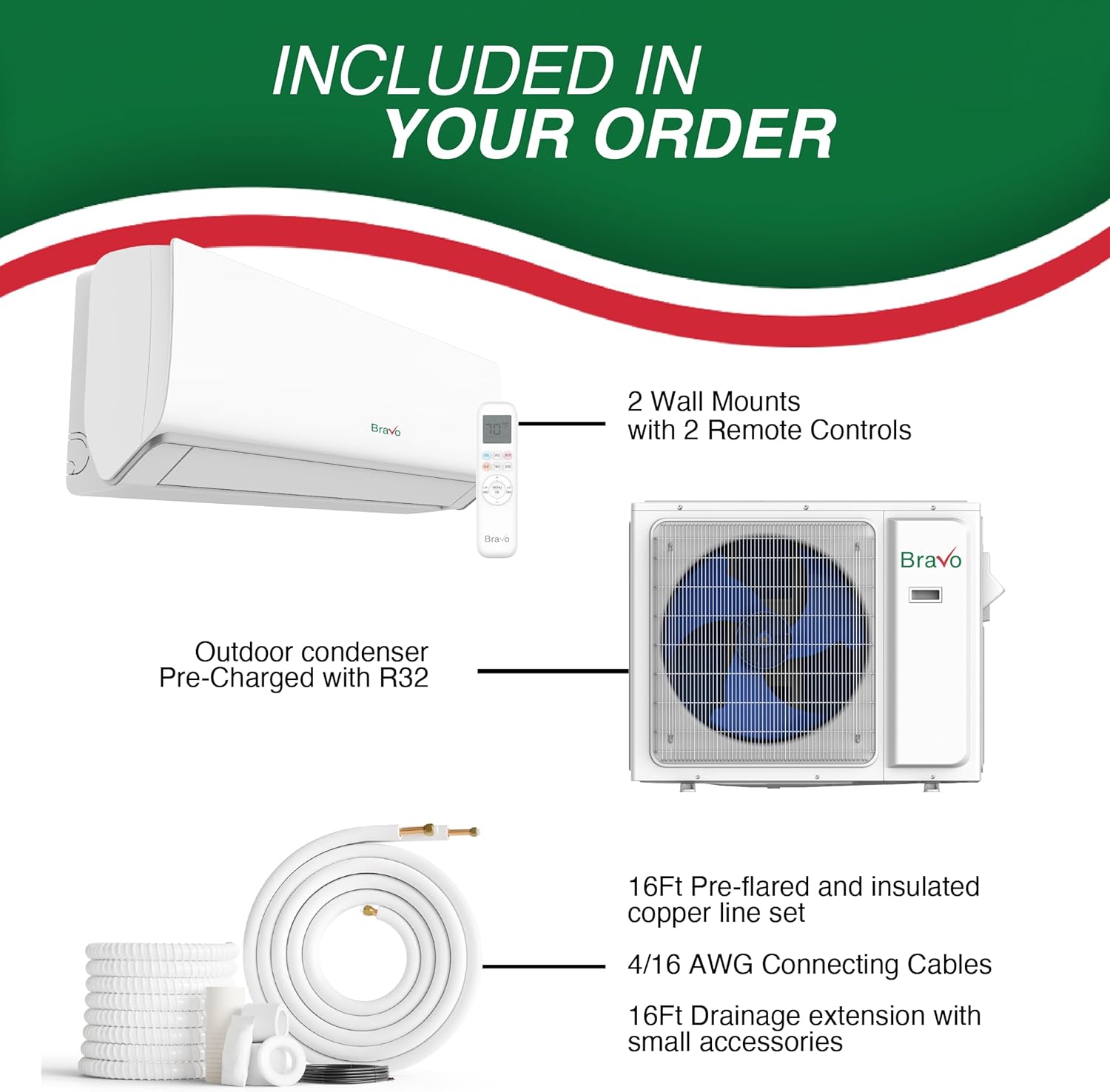 BRAVO 18,000 BTU Dual Zone 9000 + 12000 BTU Wall Mount, 22 SEER2 Ductless Mini Split AC & Heat Pump – Includes Smart Control & 16FT Installation Kits – Inverter System