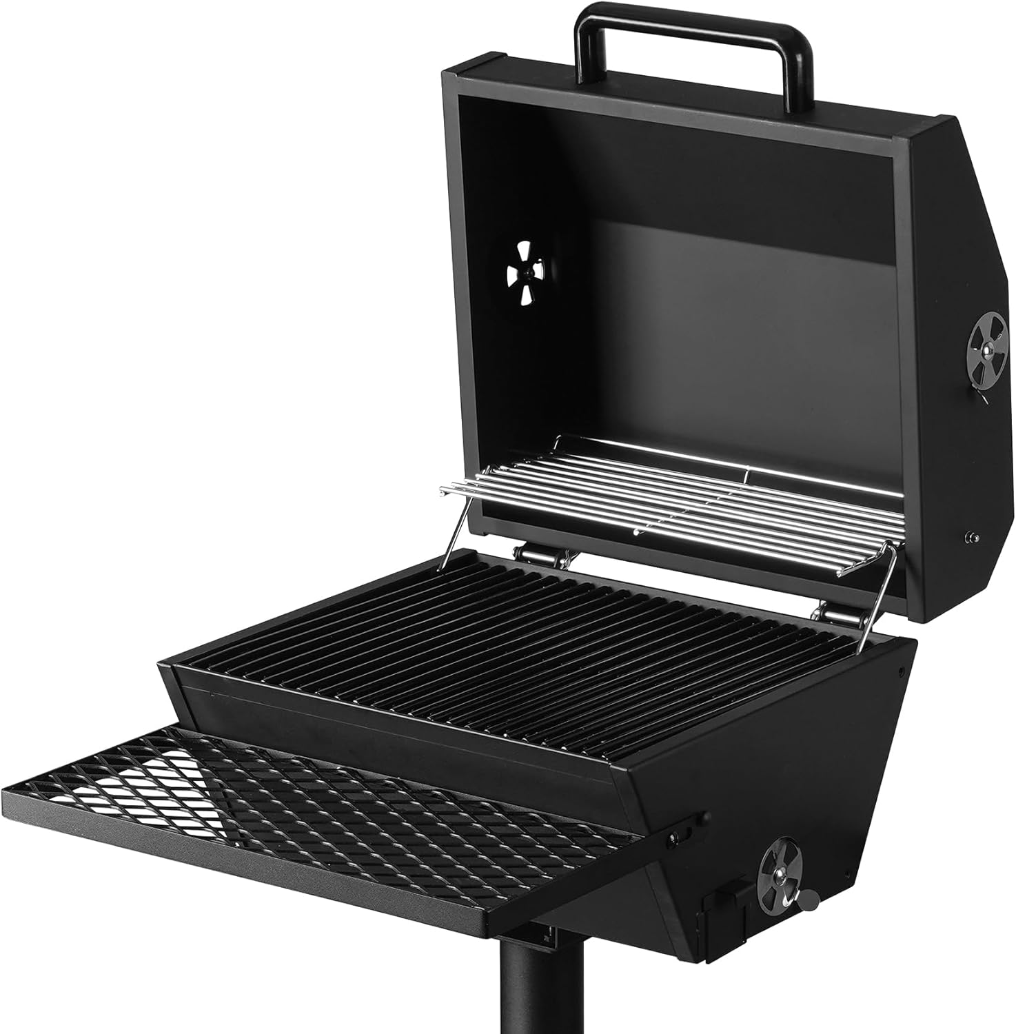 Stanbroil Park Style Charcoal Grill with Cover, Portable Park BBQ Grill Heavy Duty Porcelain Steel Cooking Grate, Folding Front Table, Stand Post for Backyard, RV Cooking, Camping, Tailgating