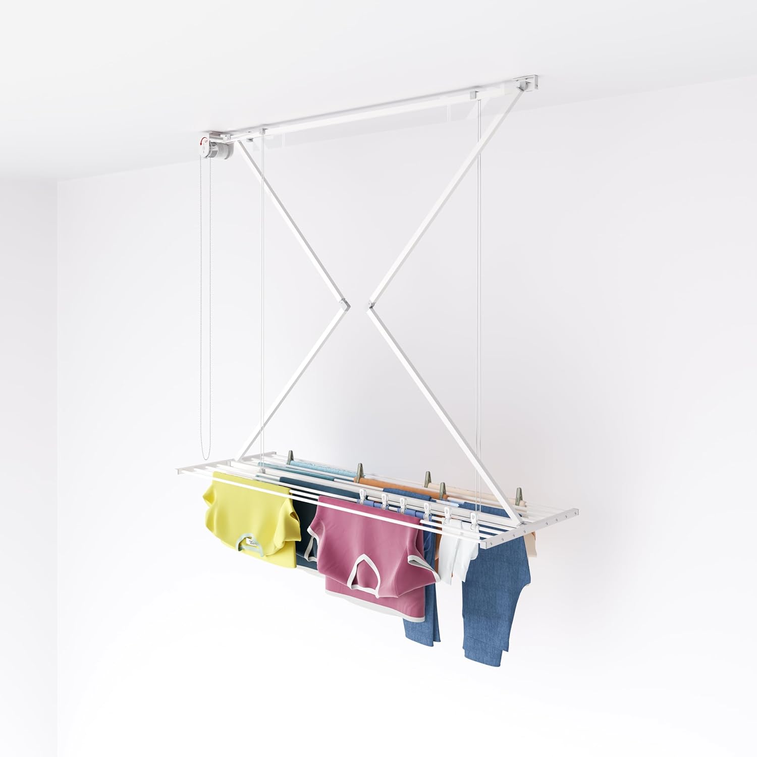 foxydry Mini, Ceiling Mounted Clothes Drying Rack, Pulley Clothesline, Vertical Folding Laundry Drying Rack 59.8x21.25x9.8 in