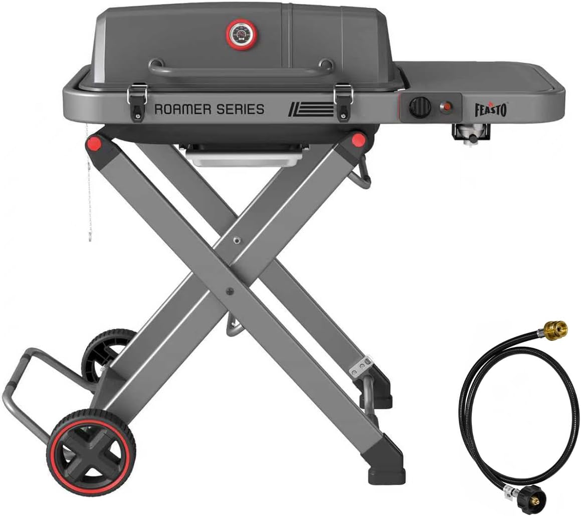Portable Propane Gas Grill with Folding Cart & 13000 BTUs Burner, 360 Sq. In. Cast Iron Cooking Grates, Side Table, 8