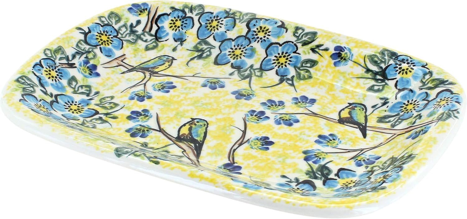 Blue Rose Polish Pottery - Yellow Bluebird Garden Small Rectangular Serving Platter - 9.75