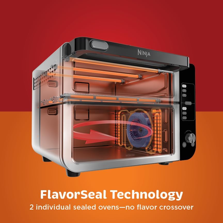 Ninja DCT451 12-in-1 Smart Double Oven with FlexDoor, Thermometer, FlavorSeal, Smart Finish, Rapid Top Convection and Air Fry Bottom , Stainless Steel