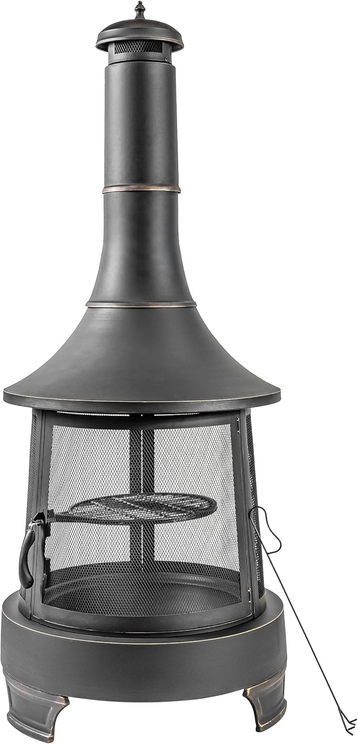 Deko Chimney Wood Burner Firepit with PVC Cover - Outdoor BBQ Fire Pit with Adjustable Cast Iron Grill - Smokeless Patio Fire Pit - Fire Space Heater - Portable Firepit for Camping Bonfire & Barbecue