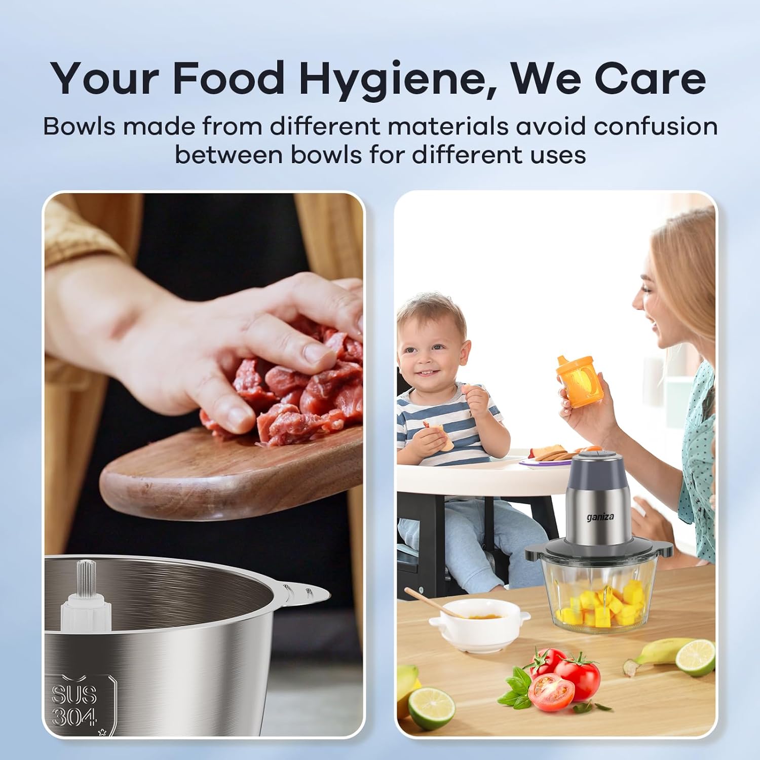 GANIZA Food Processors, Electric Food Chopper with Meat Grinder & Vegetable Chopper - 2 Bowls (8 Cup+8 Cup) with Powerful 450W Copper Motor - Includes 2 Sets of Bi-Level Blades (Grey)