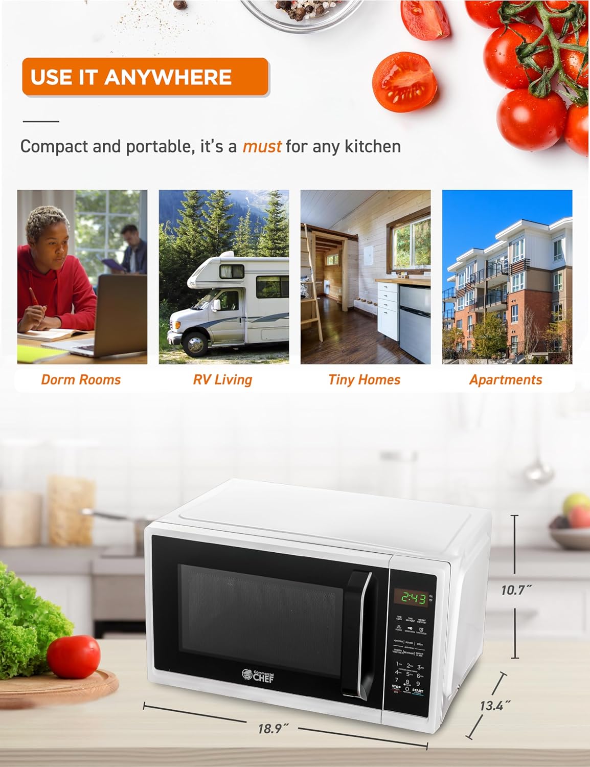 COMMERCIAL CHEF 0.9 Cubic Foot Microwave with 10 Power Levels, Small Microwave with Grip Handle, 900W Countertop Microwave with Digital Display, Door Lock and Kitchen Timer, White