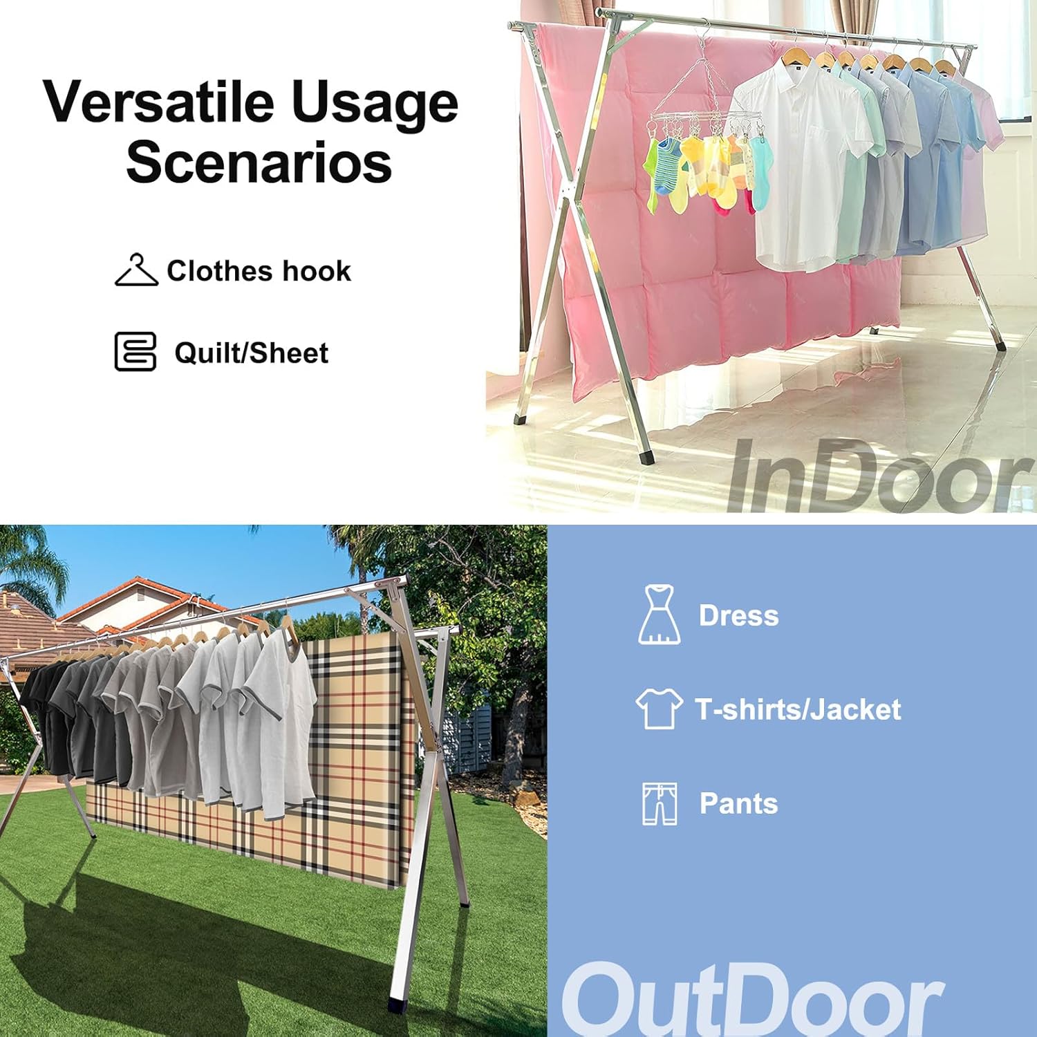 2026 Premium Stainless Steel Clothes Drying Racks, Foldable and Adjustable Laundry Drying Rack Clothing for Indoor Outdoor （79