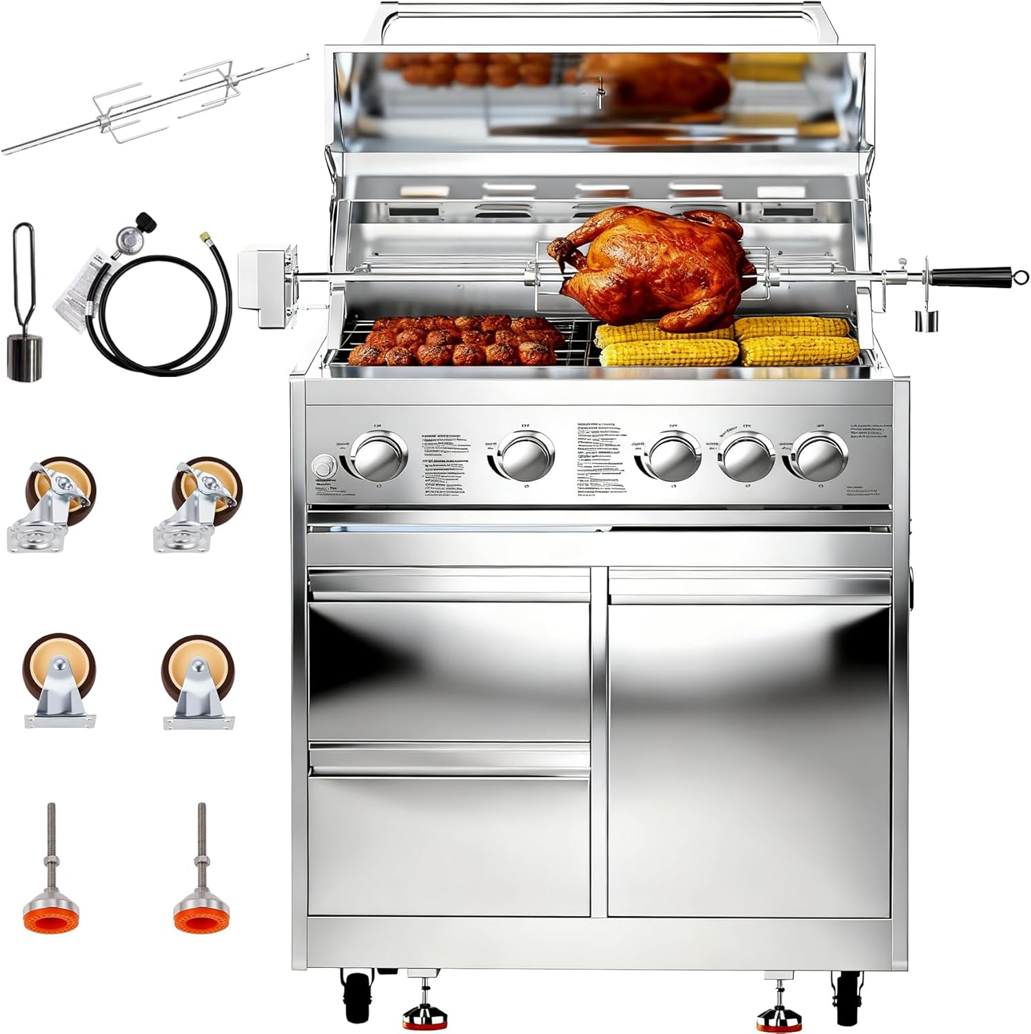 BODEGA Stainless Steel Outdoor Kitchen Propane Gas Grill and Outdoor Kitchen Cabinets for BBQ with 2 Drawers and Propane Tank Storage,Thermometer & Rotisserie Chicken Fork Kit, Seaside BBQ, Camping.