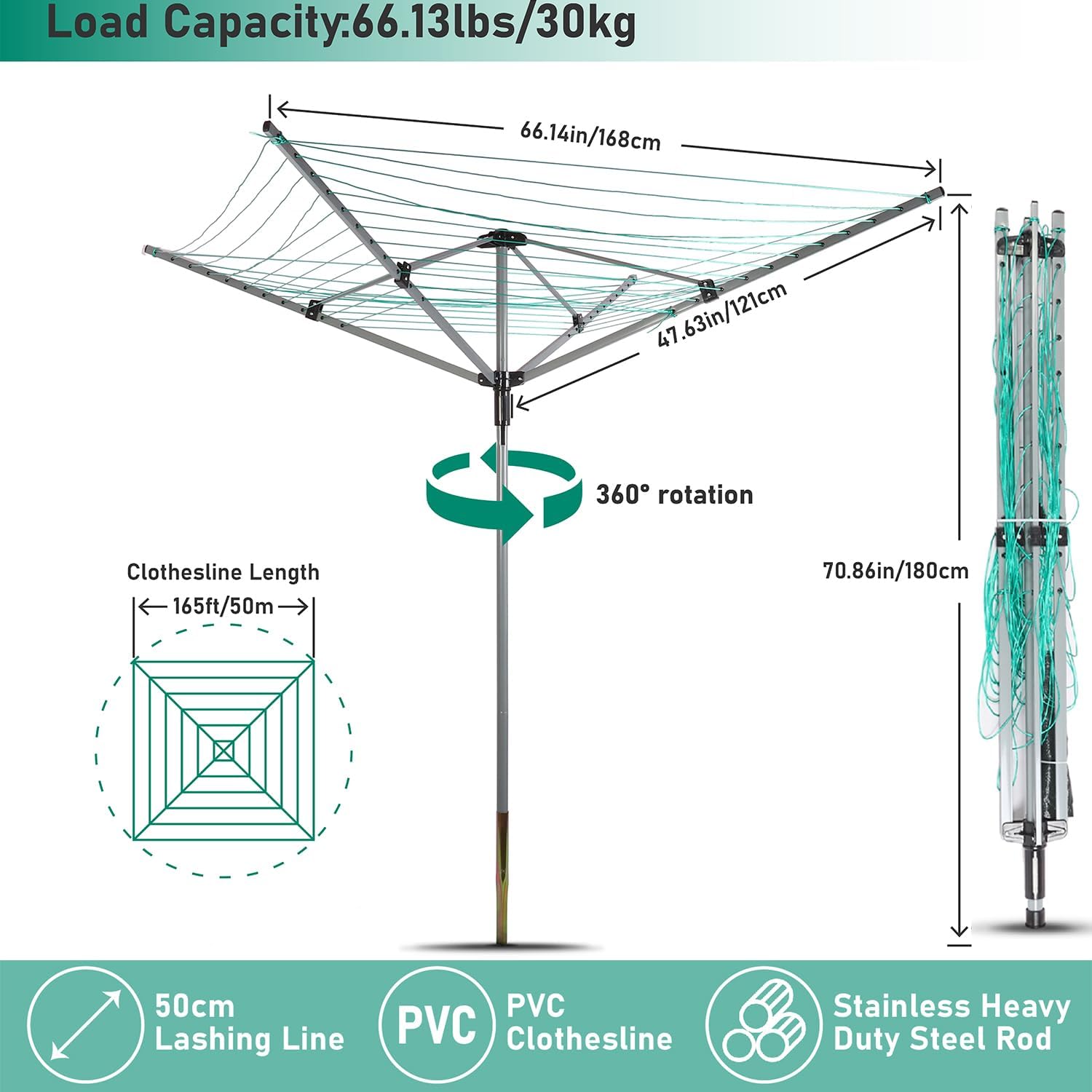 Umbrella Drying Rack Outdoor Umbrella Clothesline Rotary Retractable Clothes Line Adjustable Height 4 Arms Heavy Duty Clothesline Drying Rack 12 Lines with 165 Feet Clothes Line for Backyard