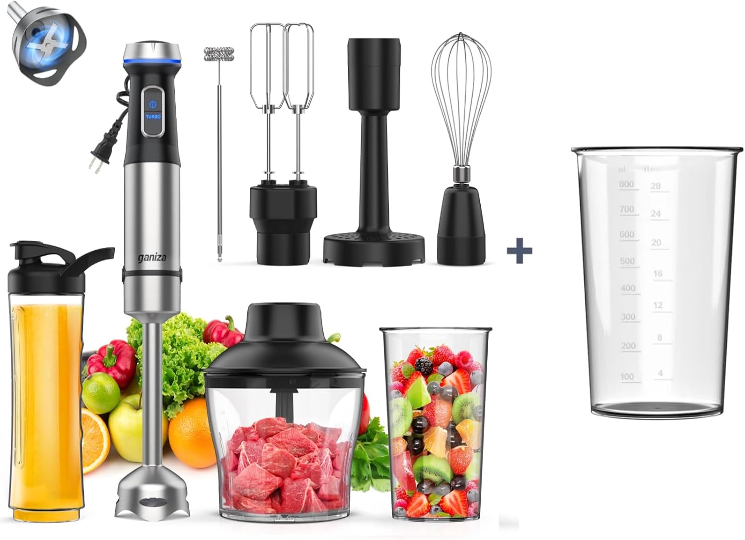 Ganiza GH10 8-in-1 Immersion Blender Handheld and 800ml Mixing Baker Bundle