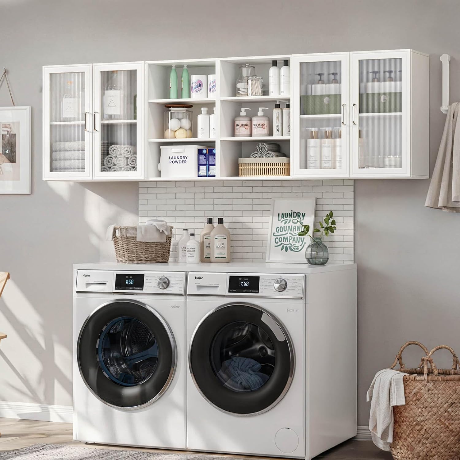 FIMELLO 78.6''W X 11''D X 23.6''H Laundry Room Cabinets Shelves Set, Acrylic Door, Adjustable Shelf, Kitchen Floating Wall Cabinets, Hanging Wall Cabinets for Laundry Room, White