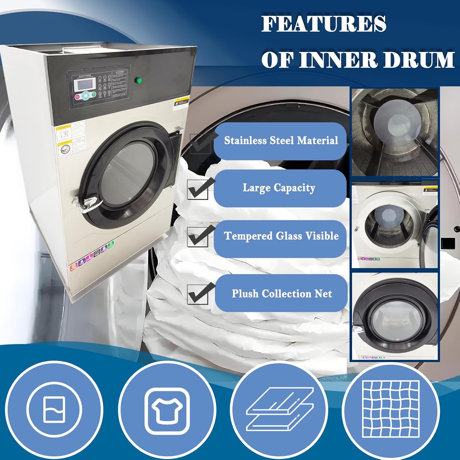 Commercial Clothes Dryer 33LB Heavy-Duty, 8KW Industrial Laundry Dryer,Stainless Steel Drum, with safety lock, Auto-Temperature Control for Hotels/Factories 220V 3PH