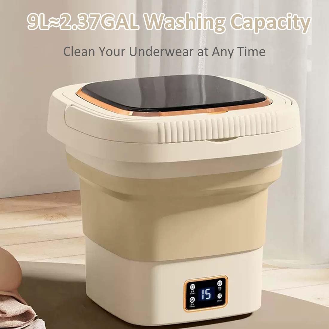 Portable Washing Machine 9L/2.37gal Mini Washer Foldable Small Washer for Underwear Baby Clothes Other Small Items(Cream Yellow)