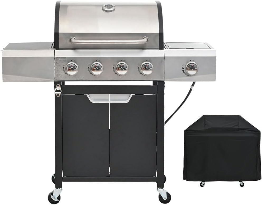 4-Burner Propane Gas Grill, Stainless Steel BBQ Grill with Side Burner and Cover 51,000 BTU Outdoor Propane BBQ Griddle, for Outdoor Cooking Kitchen and Patio Backyard Barbecue, Black